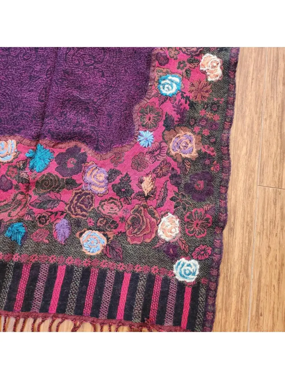 Cozy Floral Embroidered Purple Wool Scarf with Fringe